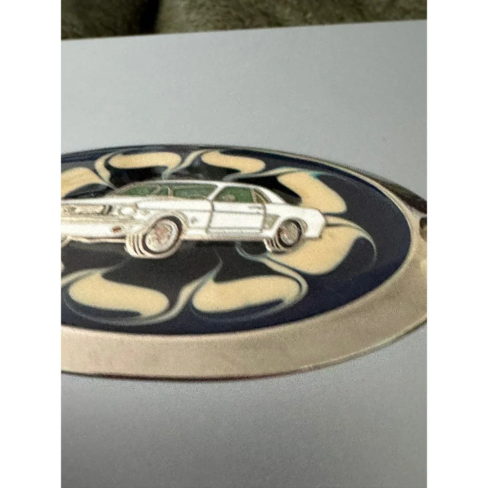 Vintage Ford Mustang Belt Buckle White Muscle Car Enamel Blue Swirl Oval Retro